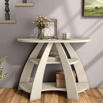 24/7 Shop At Home Contemporary Soft White Half Moon Console Table with 2 Shelves and Curved Legs