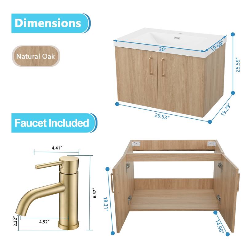 AlbyonD 24" 30" 36" Floating Bathroom Vanity with Sink and Faucet, Natural Oak