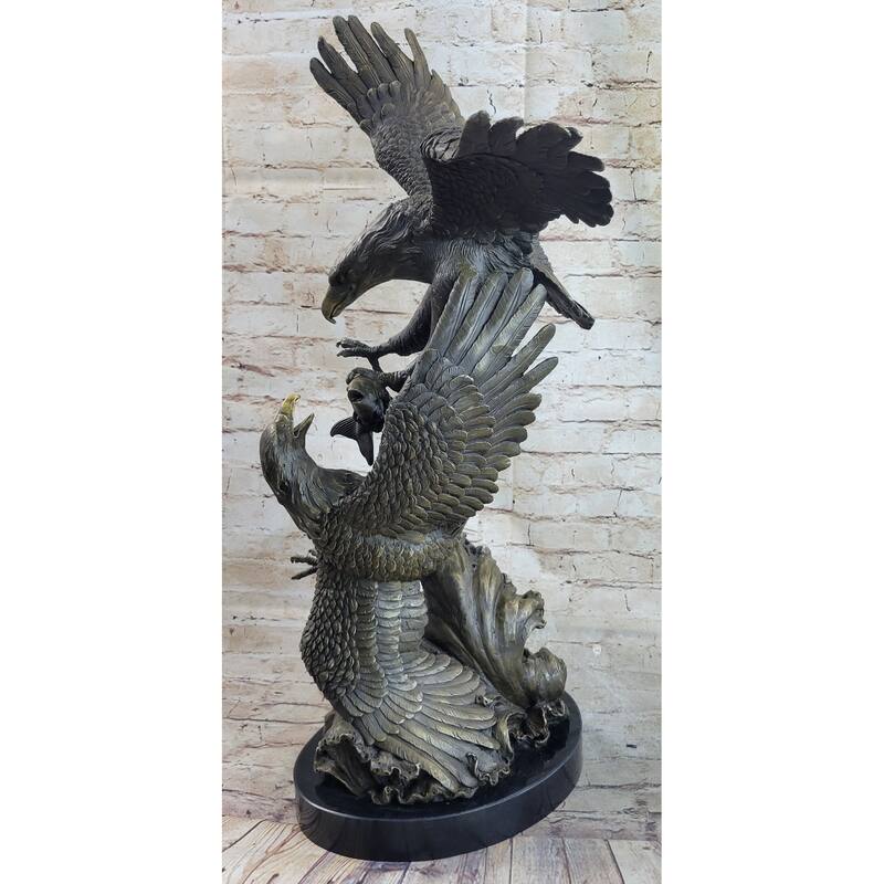 Fighting Eagles Birds Bronze Statue Sculpture Figure Signed Original Marble Base