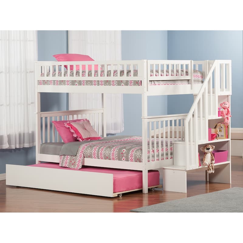Woodland Staircase Bunk Bed Full over Full with Full Trundle Bed - White