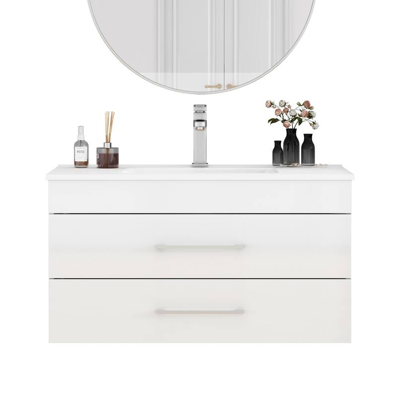 36-Inch White Gloss Wall-Mounted Bathroom Vanity with Double Drawers, Soft-Close System,Ceramic Sink,Long Metal Handle