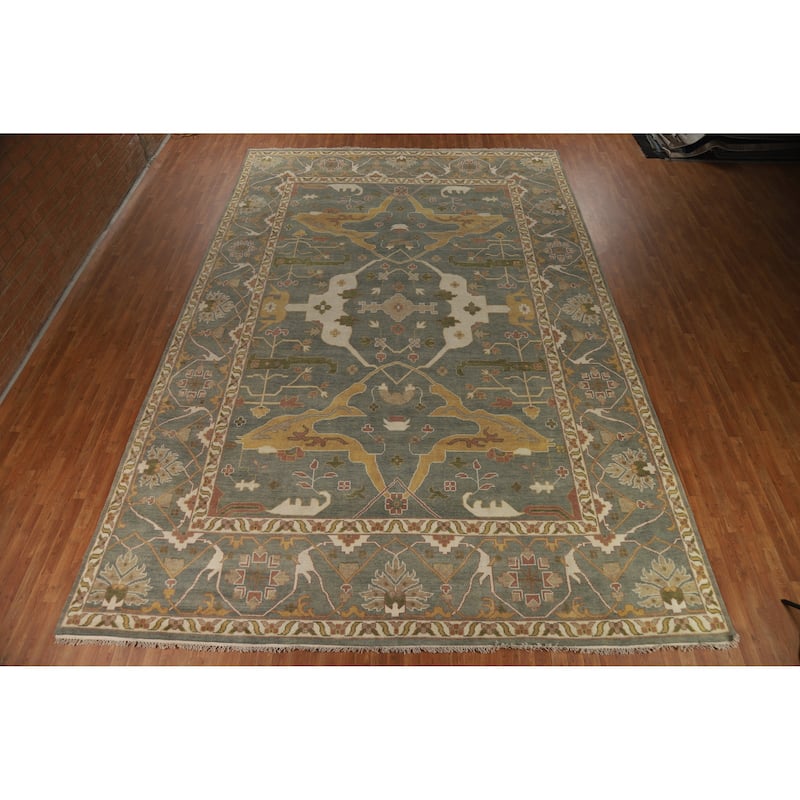 All-Over Gray Green Oushak Indian Large Rug Hand-Knotted Wool Carpet - 11'8" x 17'5"