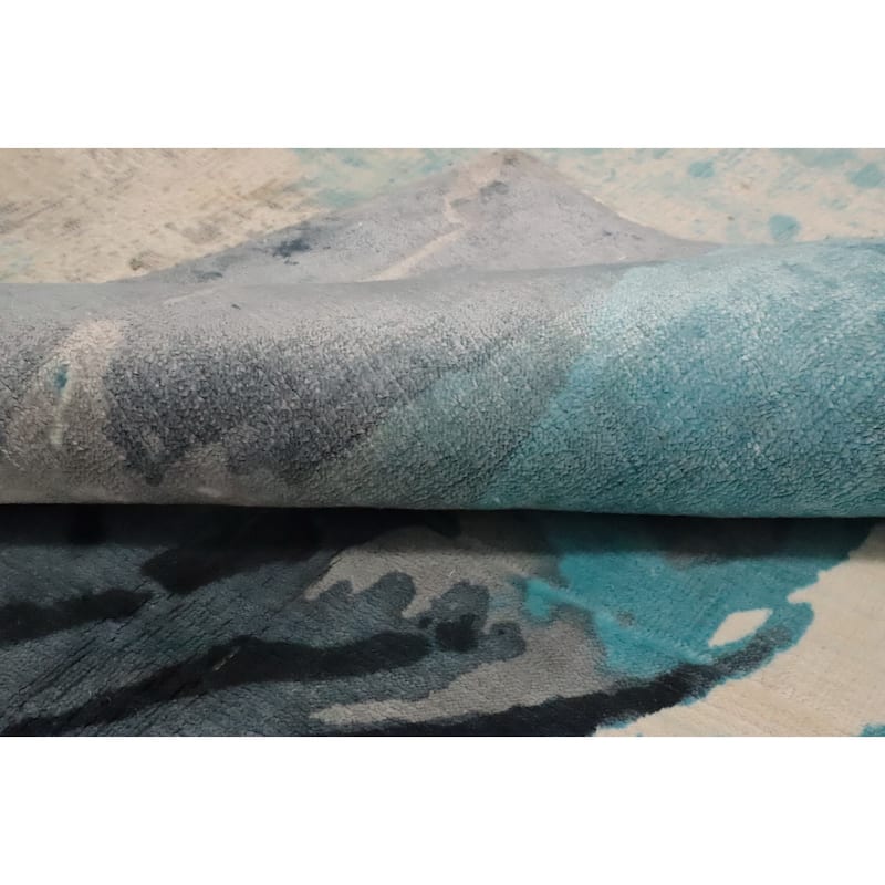 Hand Knotted Oriental Viscose Silk Carpet Modern Animal Pictorial Navy Blue & Blues Abstract Area Rug - 7' 7'' X 5' 8''