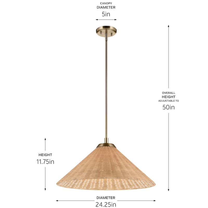 Kichler Lighting Bekah 24.25 Inch 1 Light Convertible Pendant with Opal Glass and Handwoven Rattan Shade in Champagne Bronze