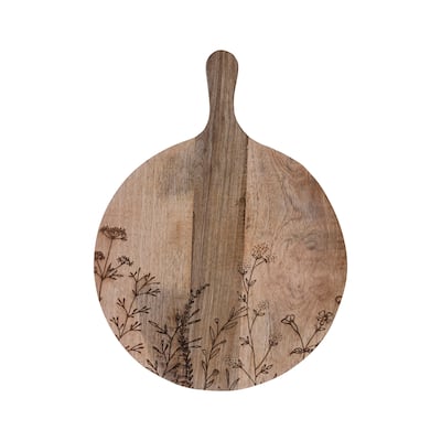 Mango Wood Cheese Board with Laser Etched Flowers - 15.8"L x 11.8"W x 0.8"H