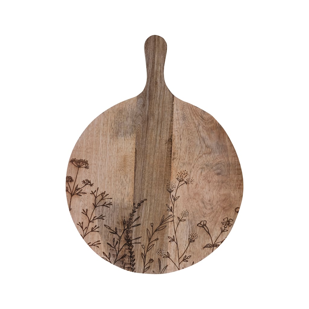 Mango Wood Cheese Board with Laser Etched Flowers - 15.8"L x 11.8"W x 0.8"H