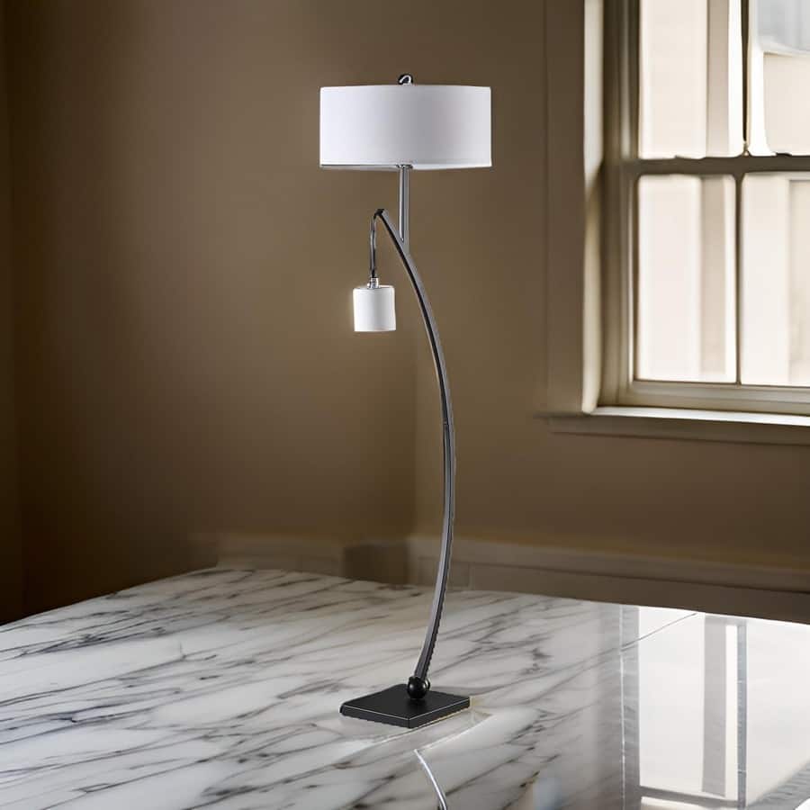 Jiya 59 Inch Arc Floor Lamp, Hanging Design, 2 White Drum Shades, Black