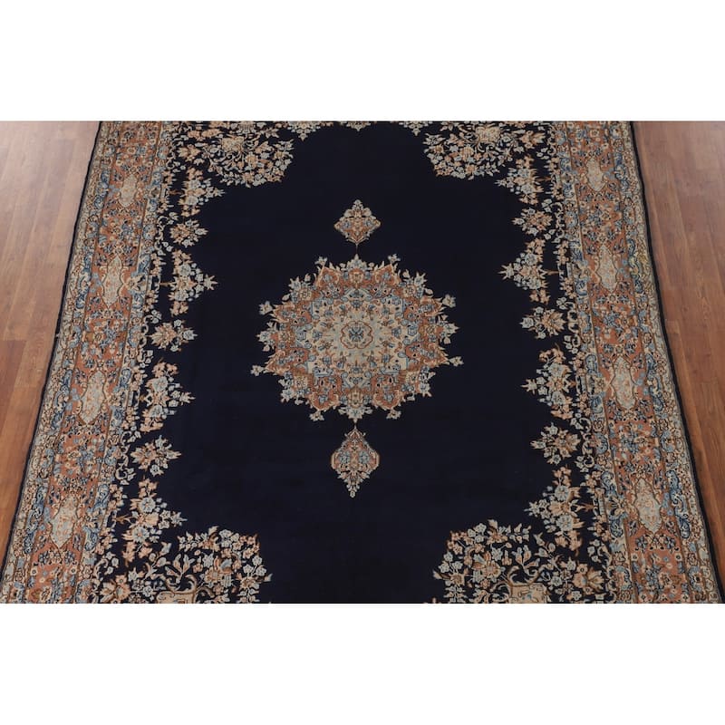 Navy Blue Floral Kerman Persian Antique Area Rug Handmade Wool Carpet - 6'11" x 9'7"