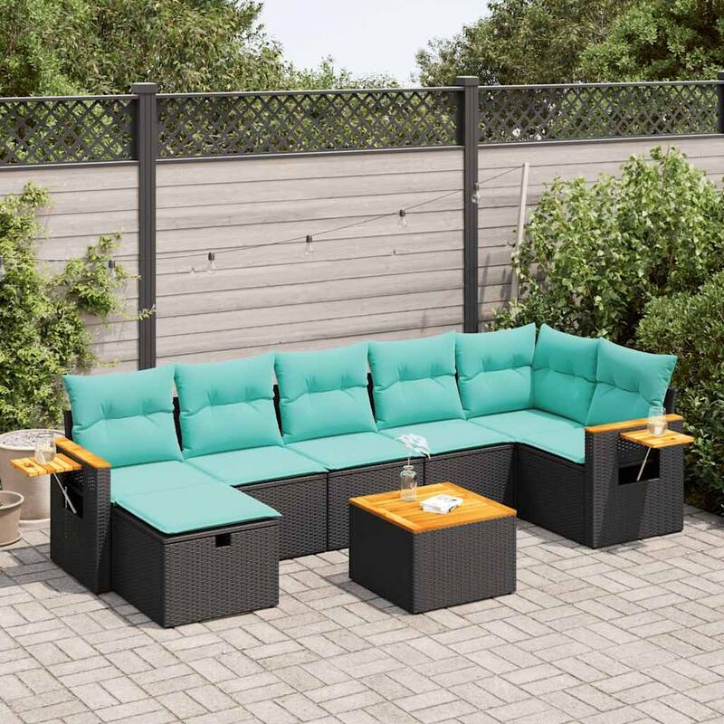 vidaXL 7 Piece Patio Sofa Set with Cushions Black Poly Rattan - 21.7 x 24.4 x 27.2 - Black - with built in storage