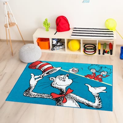 Licensed Dr Seuss Cat in the Hat Blue Red White Easy Care Non-Slip Soft Polyester Kids Rug 3x5 - 3' 4" x 4' 6"