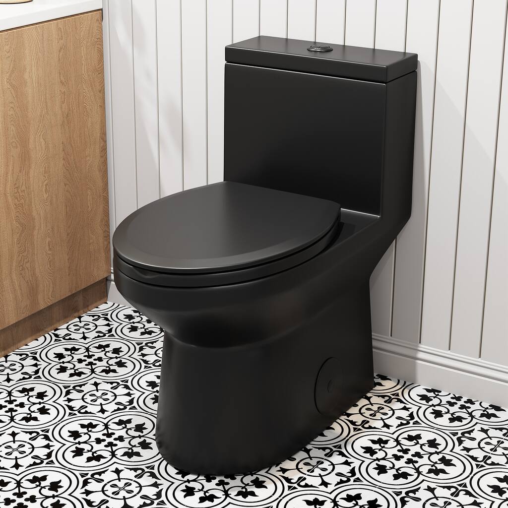 HOROW 1 Piece Dual Flush Elongated Toilet Black 0.8/1.28 GPF Seat Included - N/A