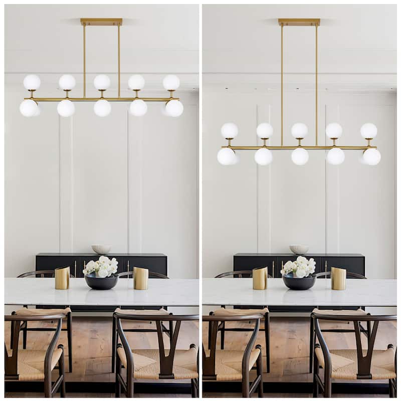 44in W Linear Mid Century Modern Chandelier 15 Light Gold Brass Sputnik Pendant Light with Frosted Glass Globe for Dining Room