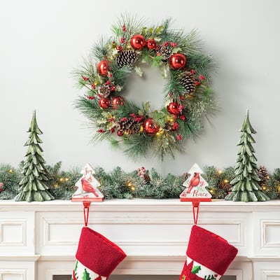 Glitzhome 24"D Lit Frosted Ball Berry Holly Pine Pinecone Wreath With Lights