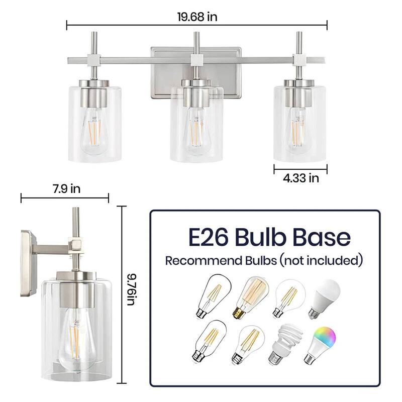 Jasper Brushed Nickel Clear Glass 3-Light Bathroom Vanity Light