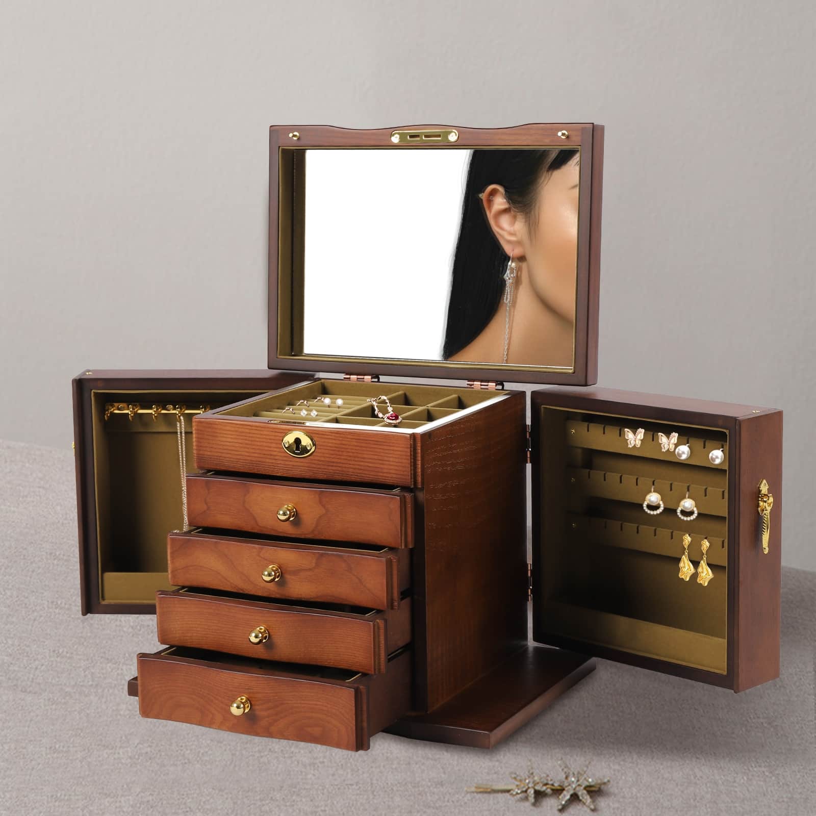 Lvet 5 Layers Portable Wooden Jewelry Storage Box with Mirror and Lock ...