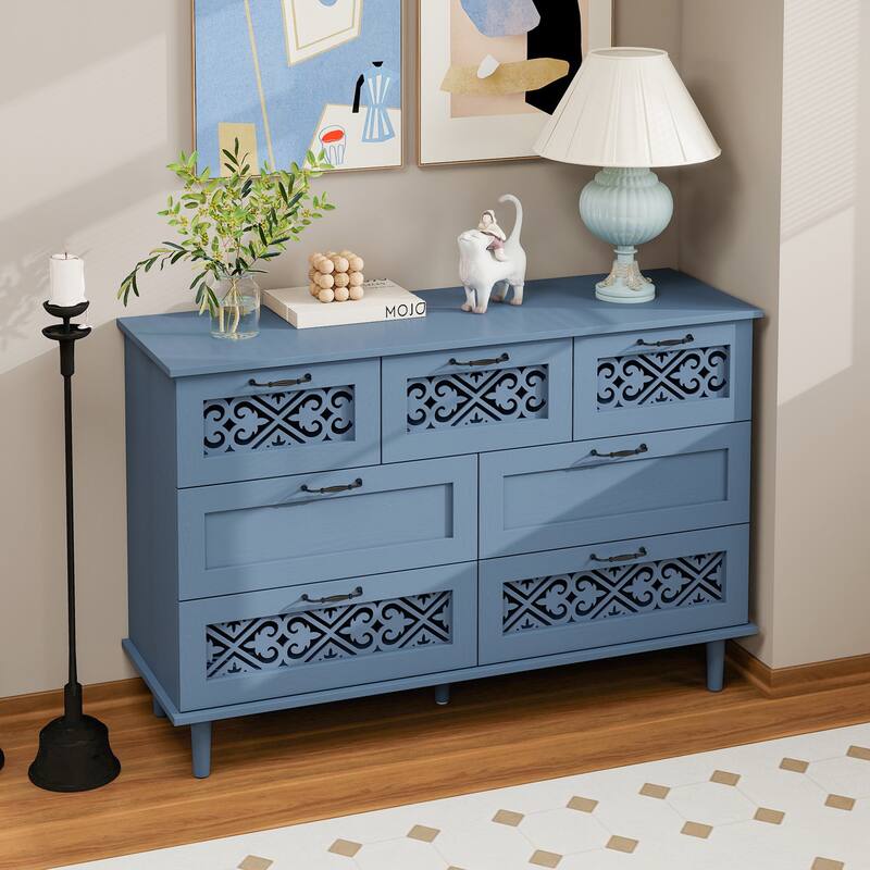 Blue Storage Closet Decorative Cabinet with Symmetrical Floral Pattern, Chic Buffet Cabinet Cupboard with Metal Handles