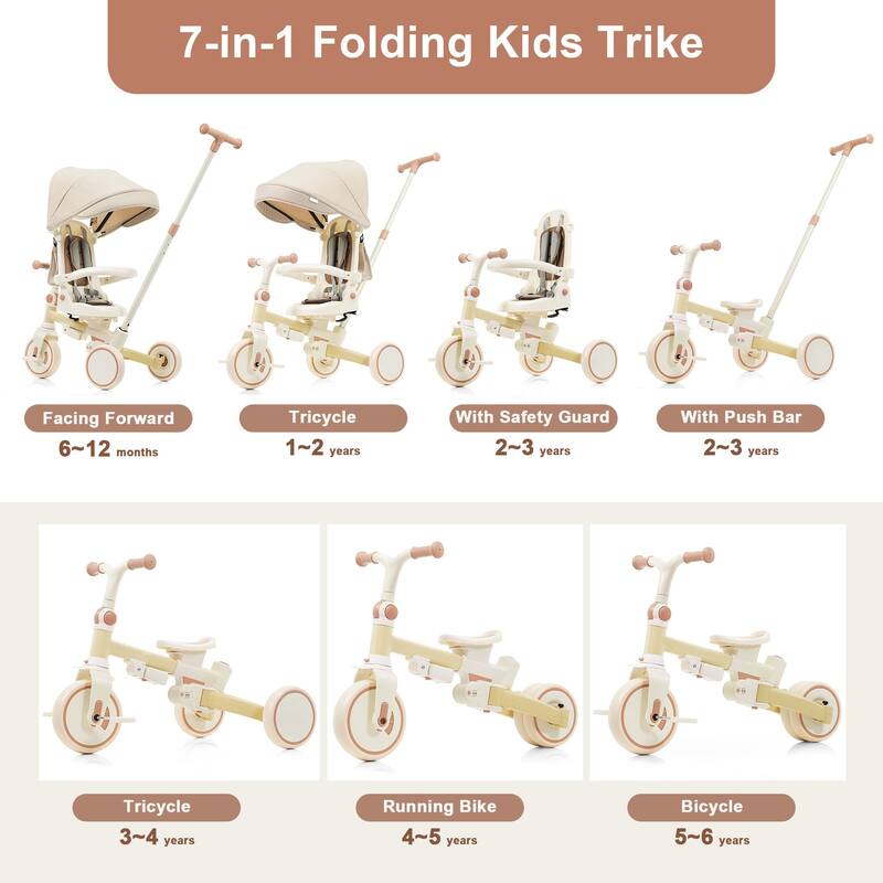 7-in-1 Baby Tricycle for Toddlers Ages 1-6, Foldable Push Trike with Parent Handle, Canopy, Guardrail & Pedals