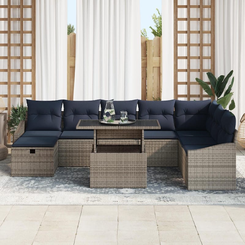 vidaXL 9 Garden Sofa Set with Cushions Black/Brown/Grey Poly Rattan - 113.6 x 70.3 x 27.2