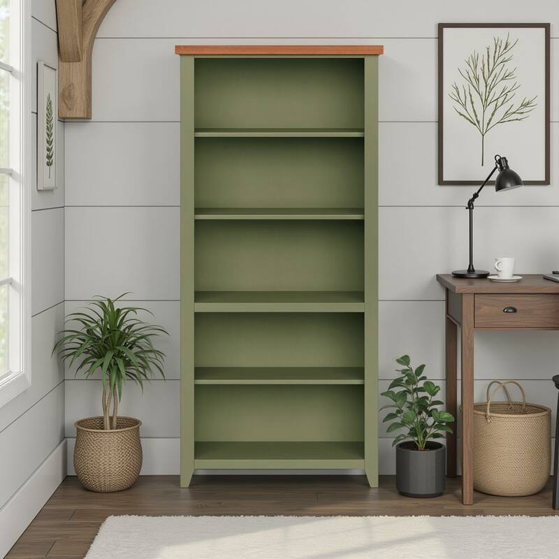 Bridgevine Home Modern Farmhouse 72 inch high 5-shelf Bookcase, No Assembly Required, Two-Tone Finish - Sage Green and Fruitwood