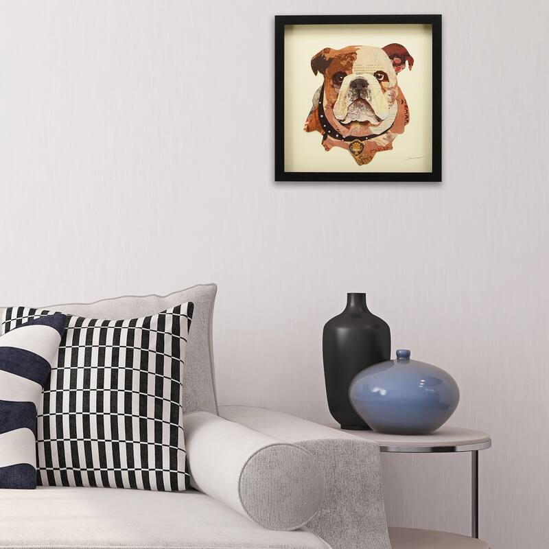 "English Bulldog Pup" Dimensional Collage Framed Graphic Art Under Glass Wall Art