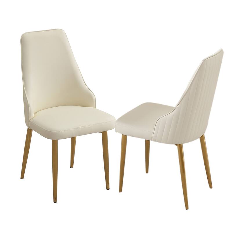 Dining Chairs Set of 2, Mid Century White PU Leather Upholstered Kitchen Chairs, Desk Side Chair with Metal Legs - Beige