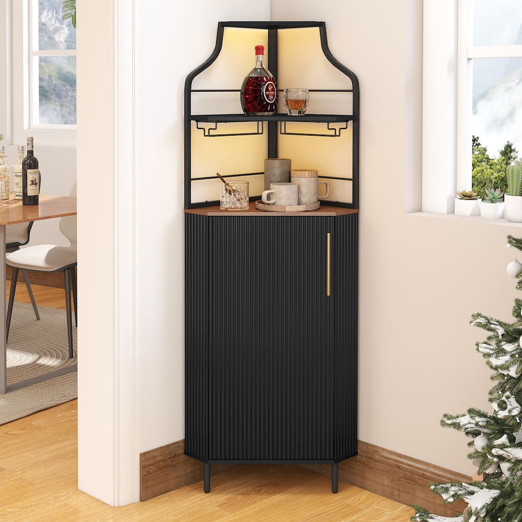 59.05" Tall Corner Bar Storage Cabinet with Wine Rack & Lights