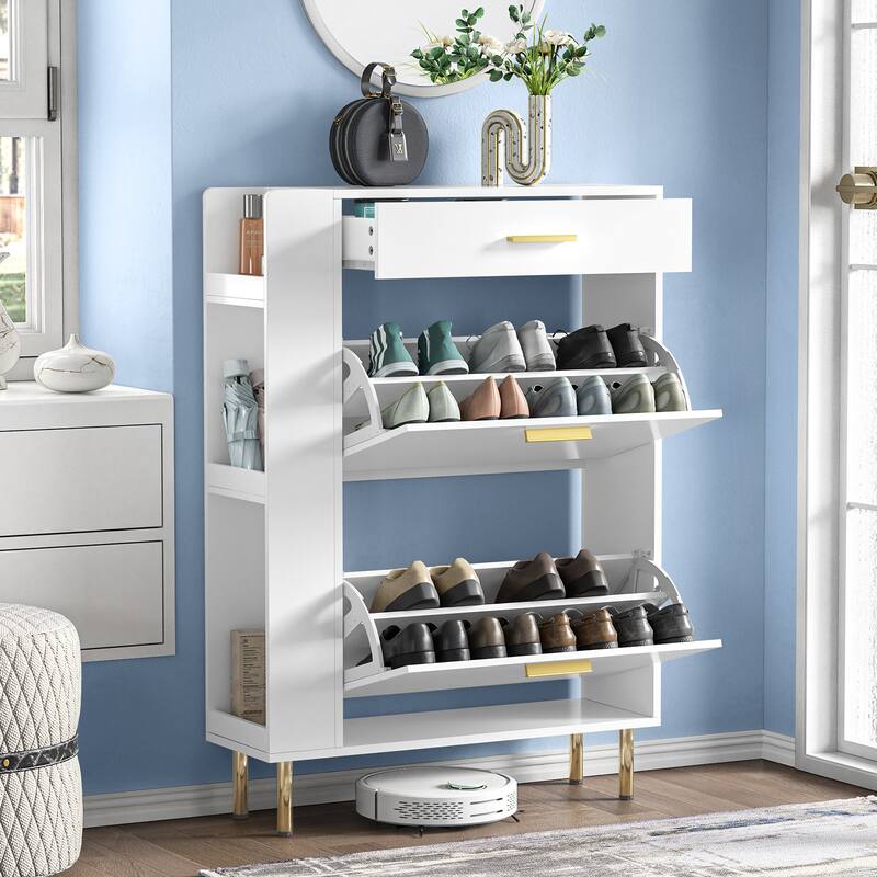Anmytek Modern White Shoe Storage Cabinet 16 Pairs Slim Shoe Rack Organizer with 2 Flip Drawers - 29.5"W x 9.4"D x 41.3"H
