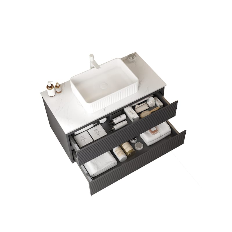 GDFStudio - Vedo Modern Floating Bathroom Vanity with Striped Drawer Fronts & White Ceramic Vessel Sink, WITHOUT Faucet
