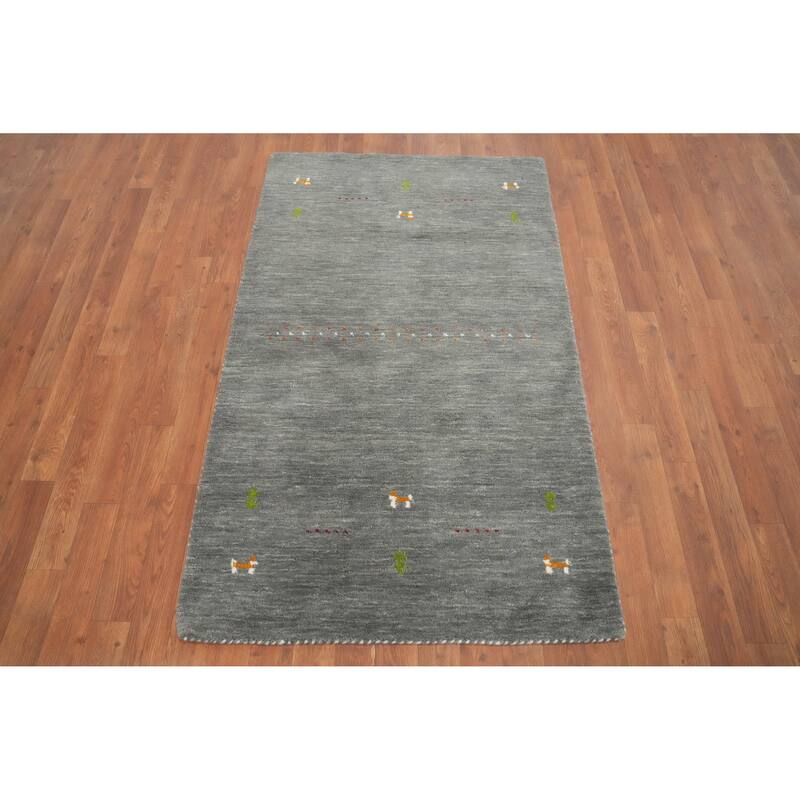 Hand Knotted Oriental 100% Wool Carpet Tribal Animal Pictorial Greys & Charcoal Gabbeh Area Rug - 4' 10'' X 3' 0''