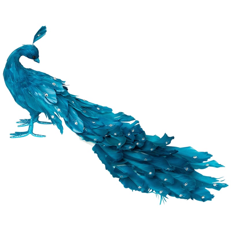 Peacock Glittered with Faux Crystals Christmas Decoration - 24" - Blue
