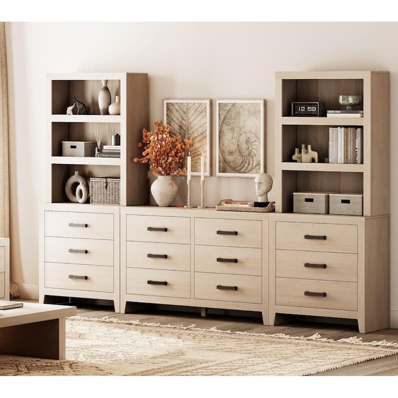 WAMPAT Farmhouse Entertainment Center with Bookshelves, Media Console & Storage Drawers - Beige