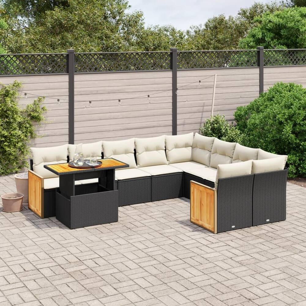 vidaXL 10 Piece Patio Sofa Set with Cushions Black Poly Rattan - 21.7" x 24.4" x 27.2"