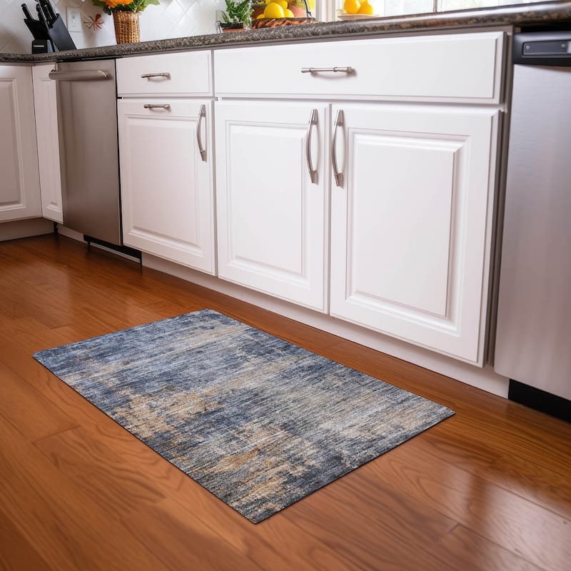 Machine Washable Indoor/ Outdoor Abstract Contemporary Chantille Rug - Denim - 1'8" x 2'6"