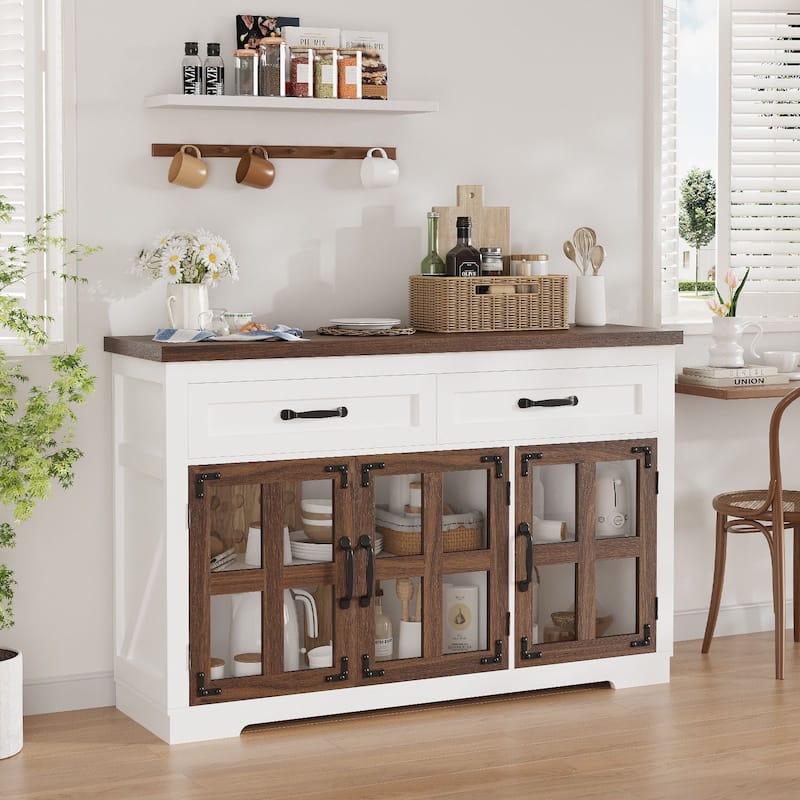 Gymojoy 53" Farmhouse Buffet Cabinet with Glass Doors, Modern Sideboard Storage Console for Kitchen, Dining Room, Living Room