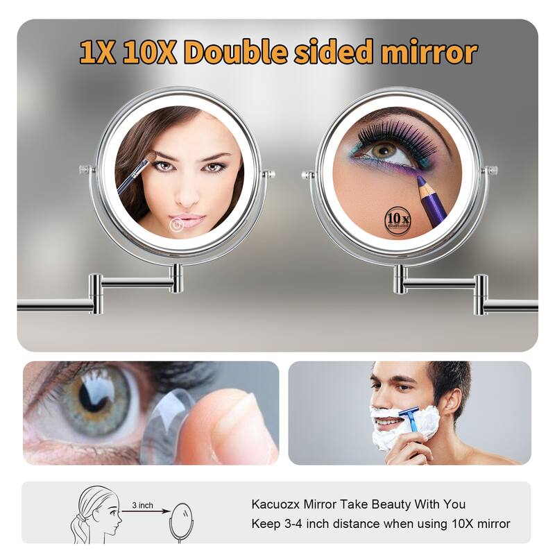 Wall Mounted Makeup Mirror Lighted 10X Magnifying 8" 3 Color Mode