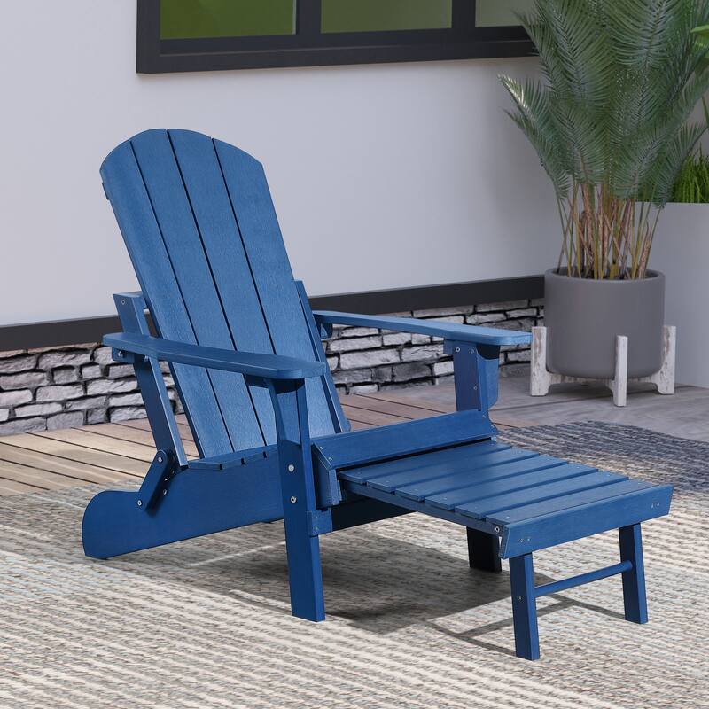 Hurley Folding Poly Plastic Adirondack Chair with Pull-out Ottoman - Blue