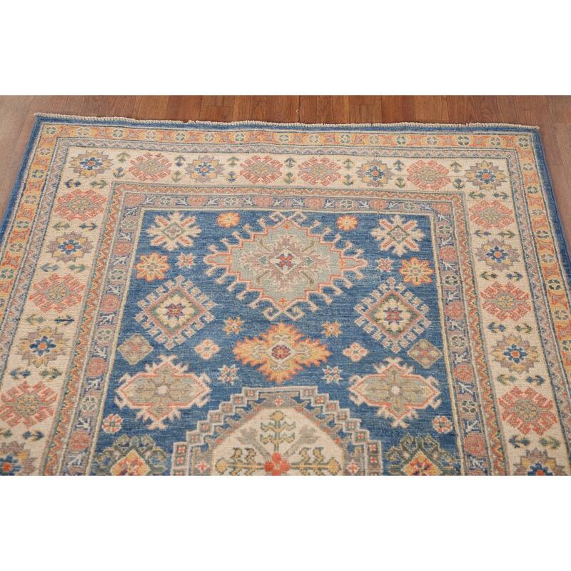 Blue Geometric Kazak Oriental Area Rug Handmade Wool Carpet - 4'0"x 5'10"