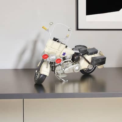 HomeRoots 10" Cream Metal Hand Painted Early 1900's Police Motorcycle Model Model Motorcycle - 16.5' X '9.5' X '5.5