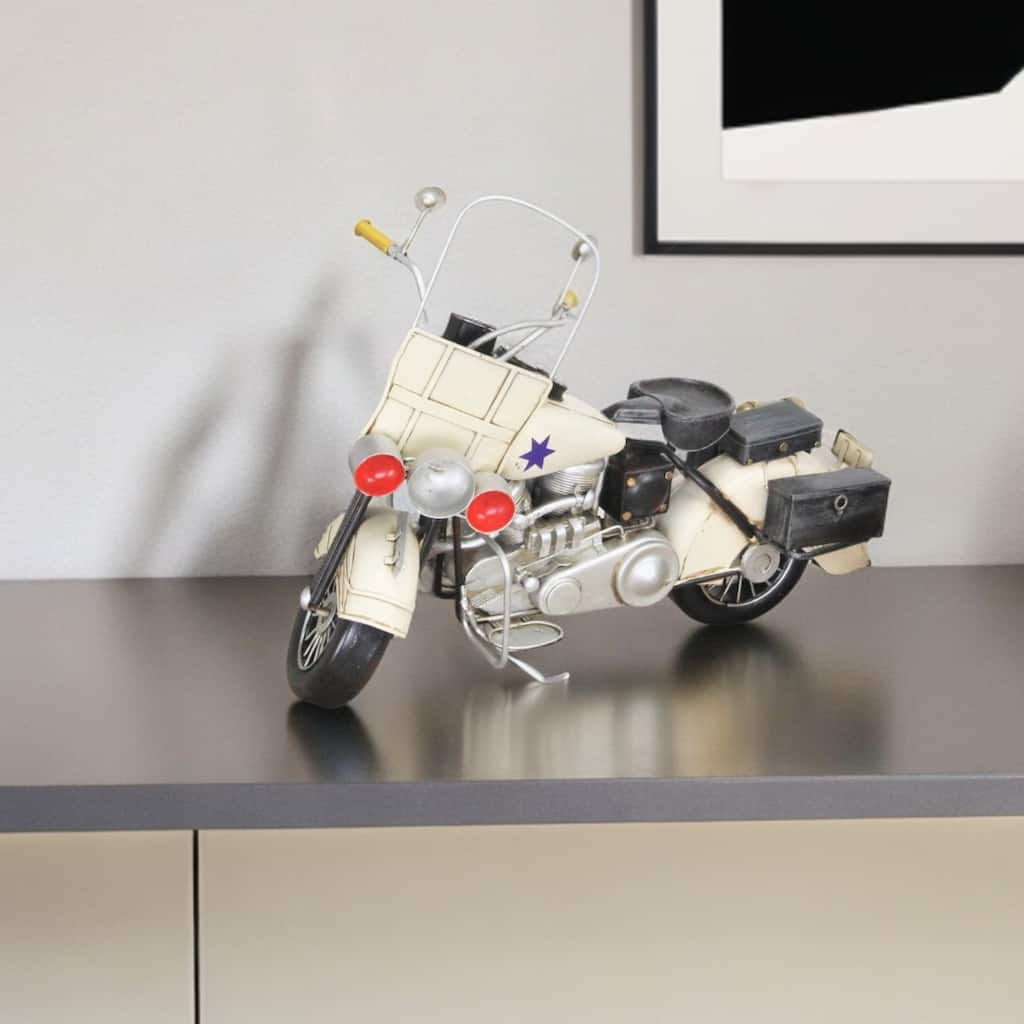 HomeRoots 10" Cream Metal Hand Painted Early 1900's Police Motorcycle Model Model Motorcycle - 16.5' X '9.5' X '5.5