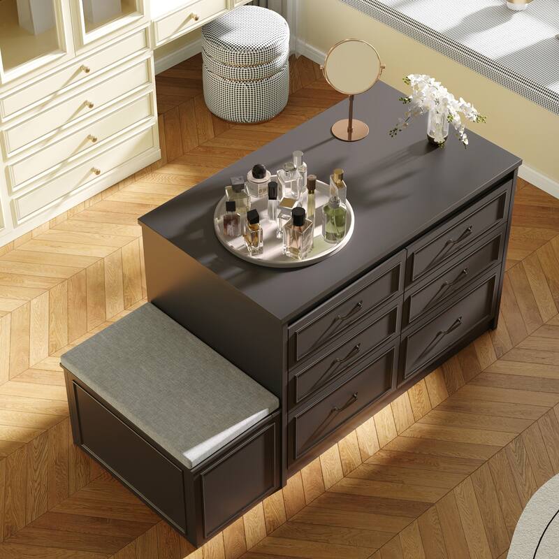 White Dresser with Seat and Storage 6 Drawer Closet Island Cabinet Bedroom Organization Bench - Black