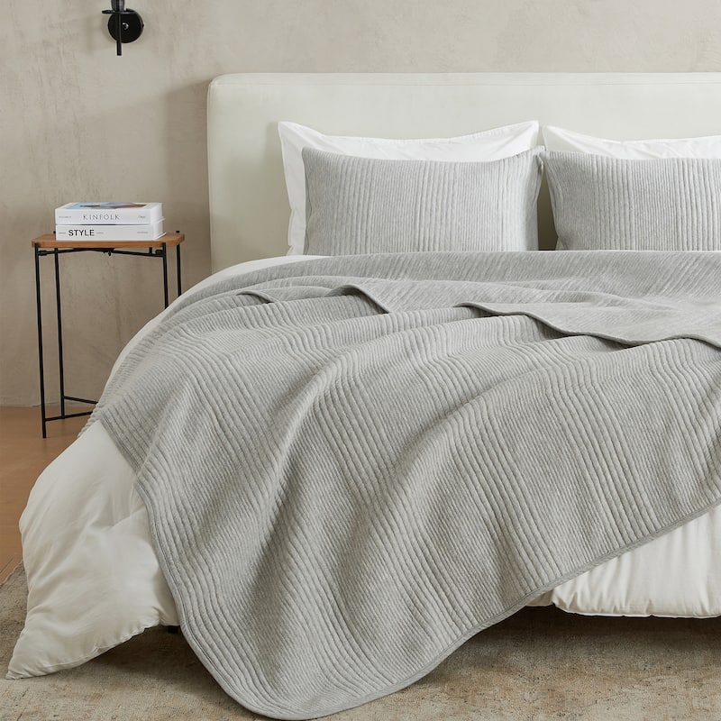 Linery & Co. Cotton Blend Jersey Knit Channel Stitch Quilt Set - Heathered Light Grey - Twin XL