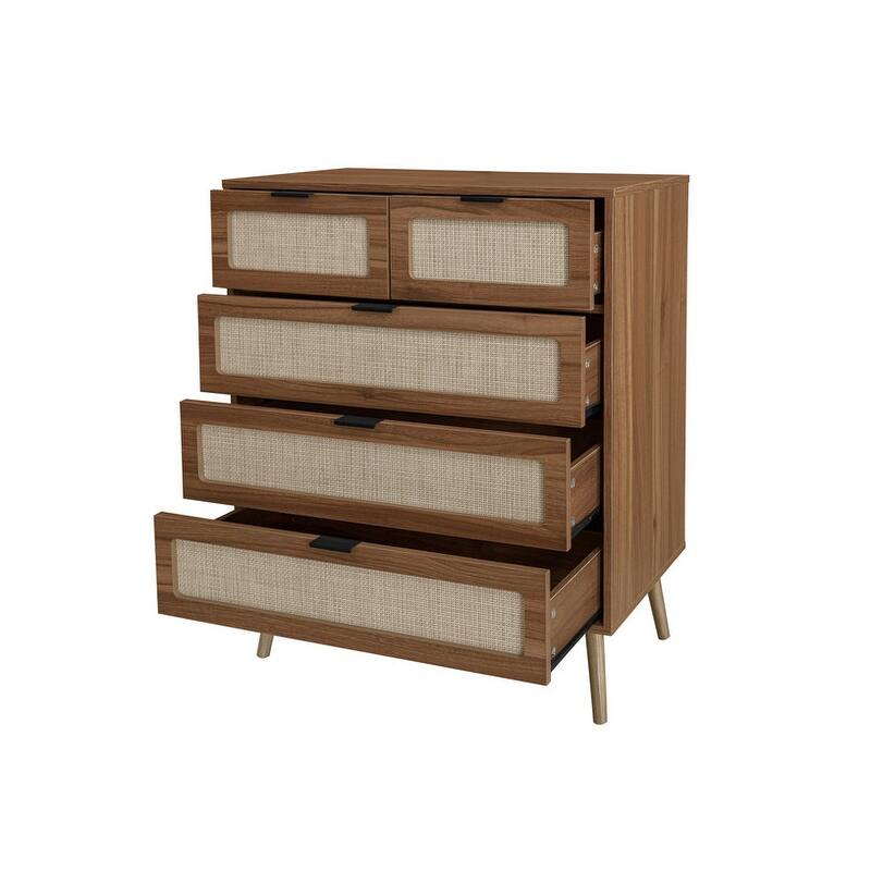 Accent Storage Cabinet with 5 Drawers and Rattan Surface,Suitable for Living Room, Bedroom