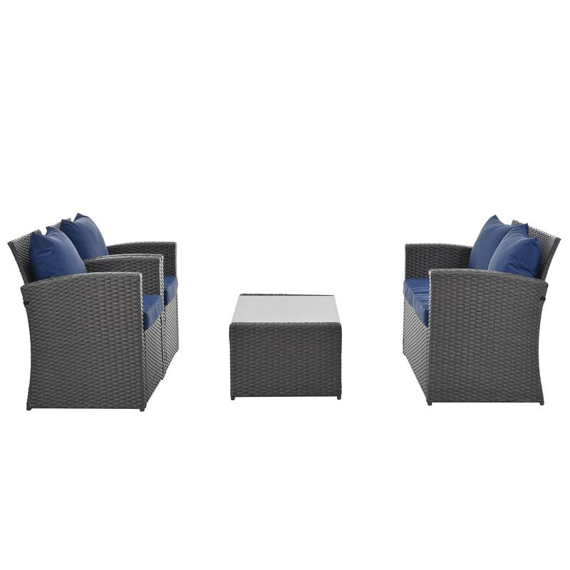 GDFStudio - 4-Piece Outdoor Patio Furniture Set with PE Wicker & Tempered Glass Table