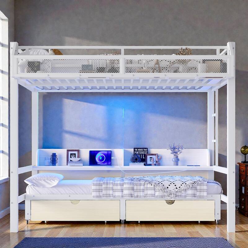 Metal Bunk Bed with Storage Shelves, Drawers, USB Ports, LED Lights & Convertible Lower Bed Sofa Design - White - Queen
