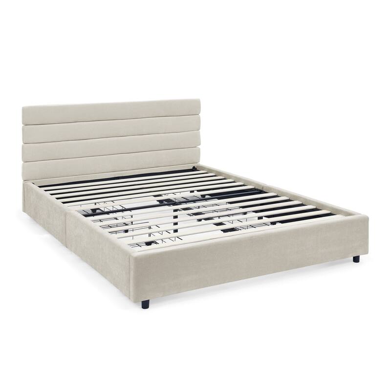 Roomfitters Queen Upholstered Bed Frame with Cushioned Headboard and 4 Storage Drawers, Chenille Fabric Platform Bed