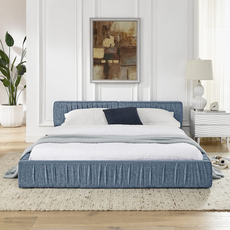 Chenille fabric Queen Size Upholstered Bed Frame - Blue