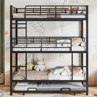 Antique Black Metal Triple Bunk Bed with Trundle Bed, 3 Twin Size Beds