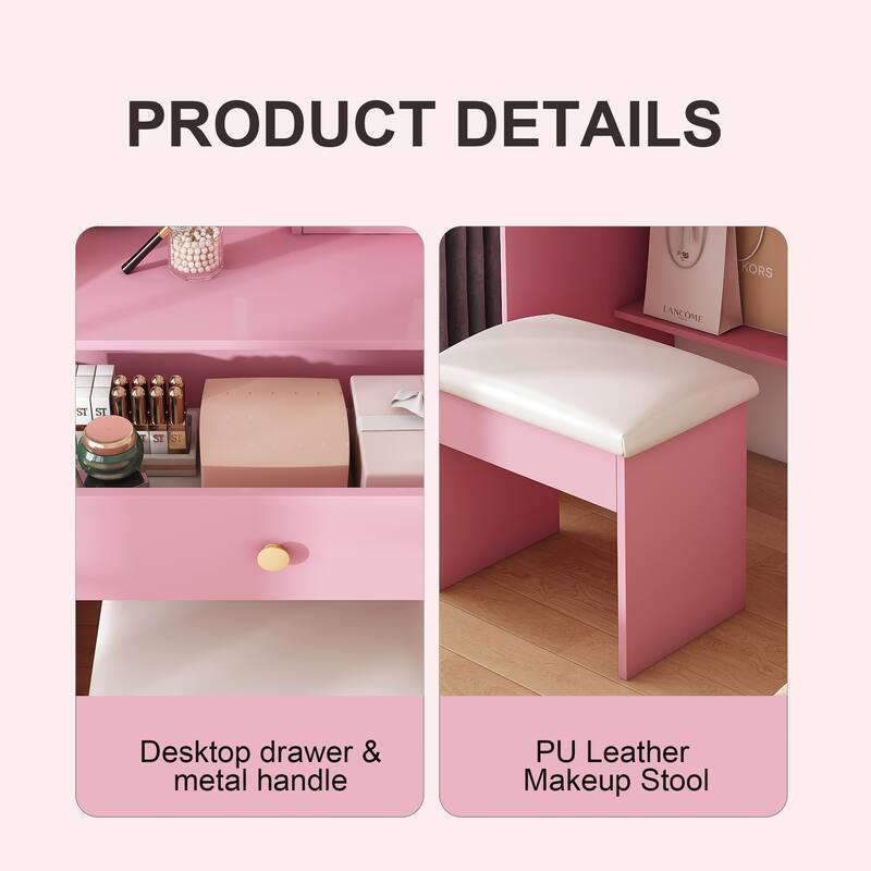 3-Color LED Vanity Mirror with Stool, Pink Dressing Table for Bedroom, 2 Drawers & 5 Storage Cabinets (4 Open + 1 Hidden)