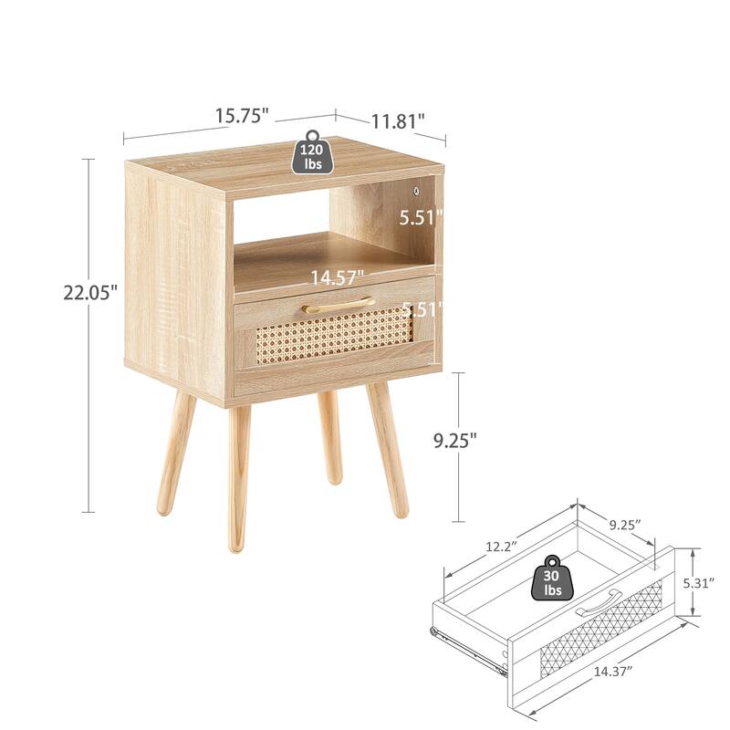 Anmytek Mid Century Nightstand Rattan Natural Bedside Table with Drawer and Solid Wood Legs