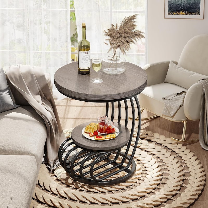 2 Tiers Faux Marble Side Table with Storage Shelf
